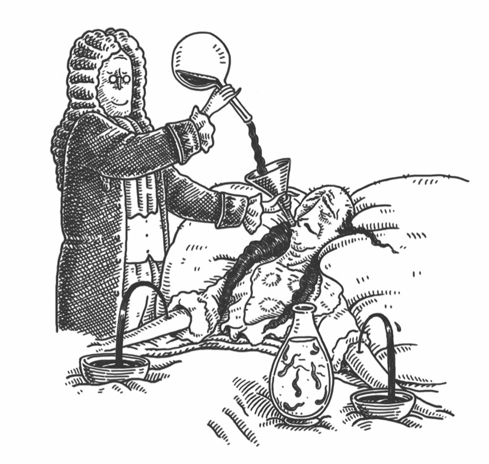 Historische Illustration eines Arztes, der einen Patienten mit einer großen Karotte behandelt.