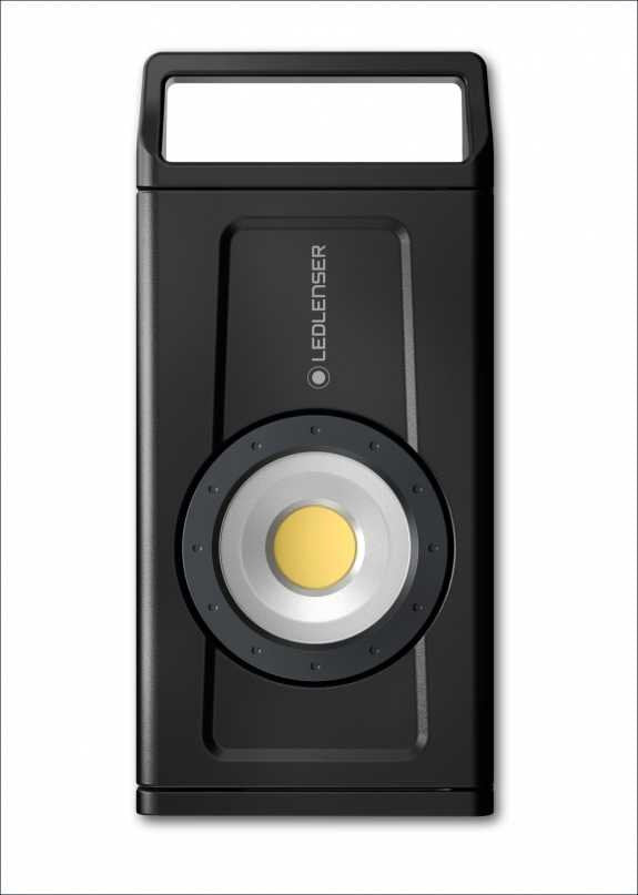 Lederer LED-Arbeitsleuchte mit schwarzem Gehäuse und runder Lichtquelle in der Mitte.