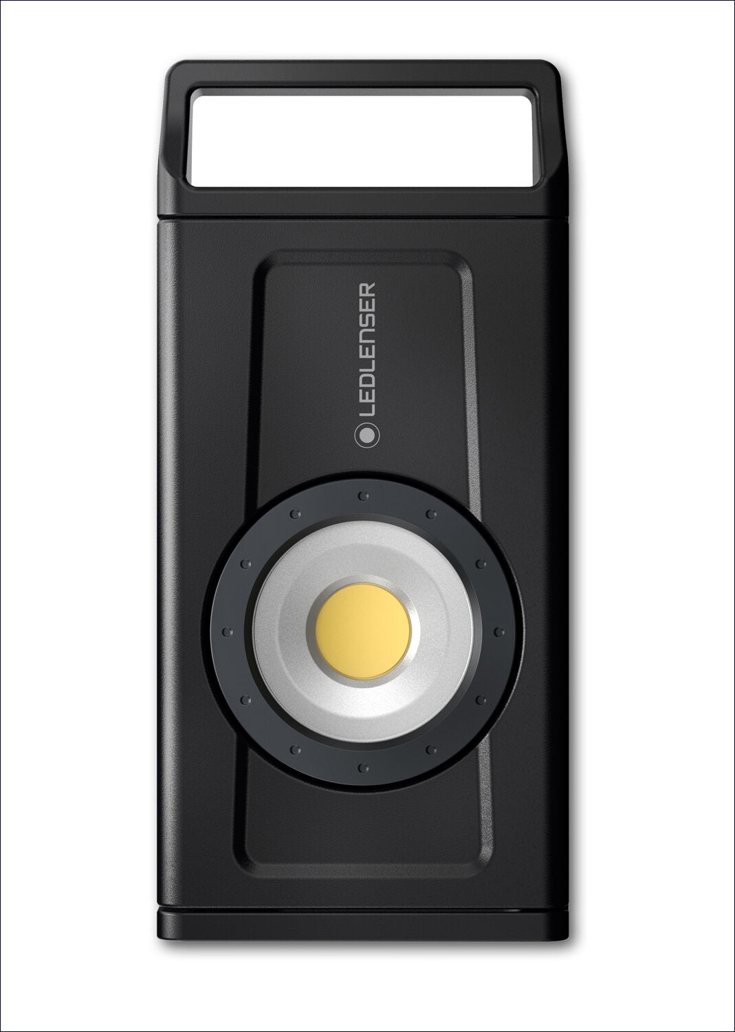 Schwarze LED-Taschenlampe mit rechteckigem Griff und runder Lichtquelle.