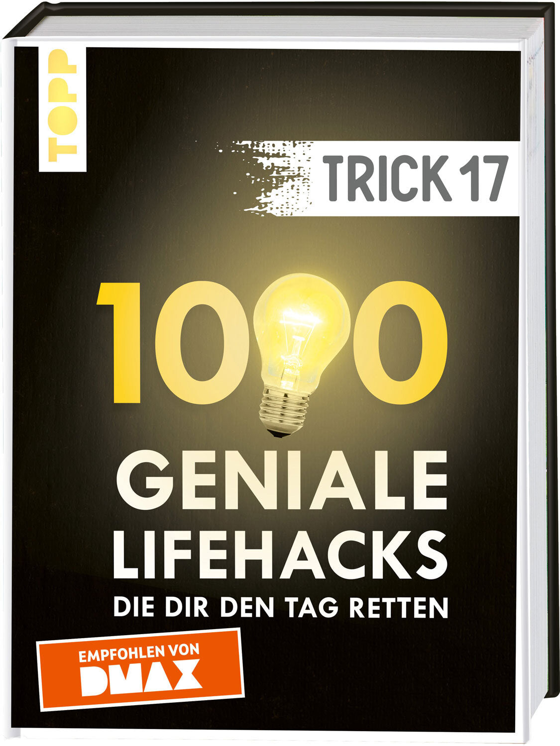 Buchcover mit Titel "100 geniale Lifehacks" und einem leuchtenden Glühbirnen-Symbol.