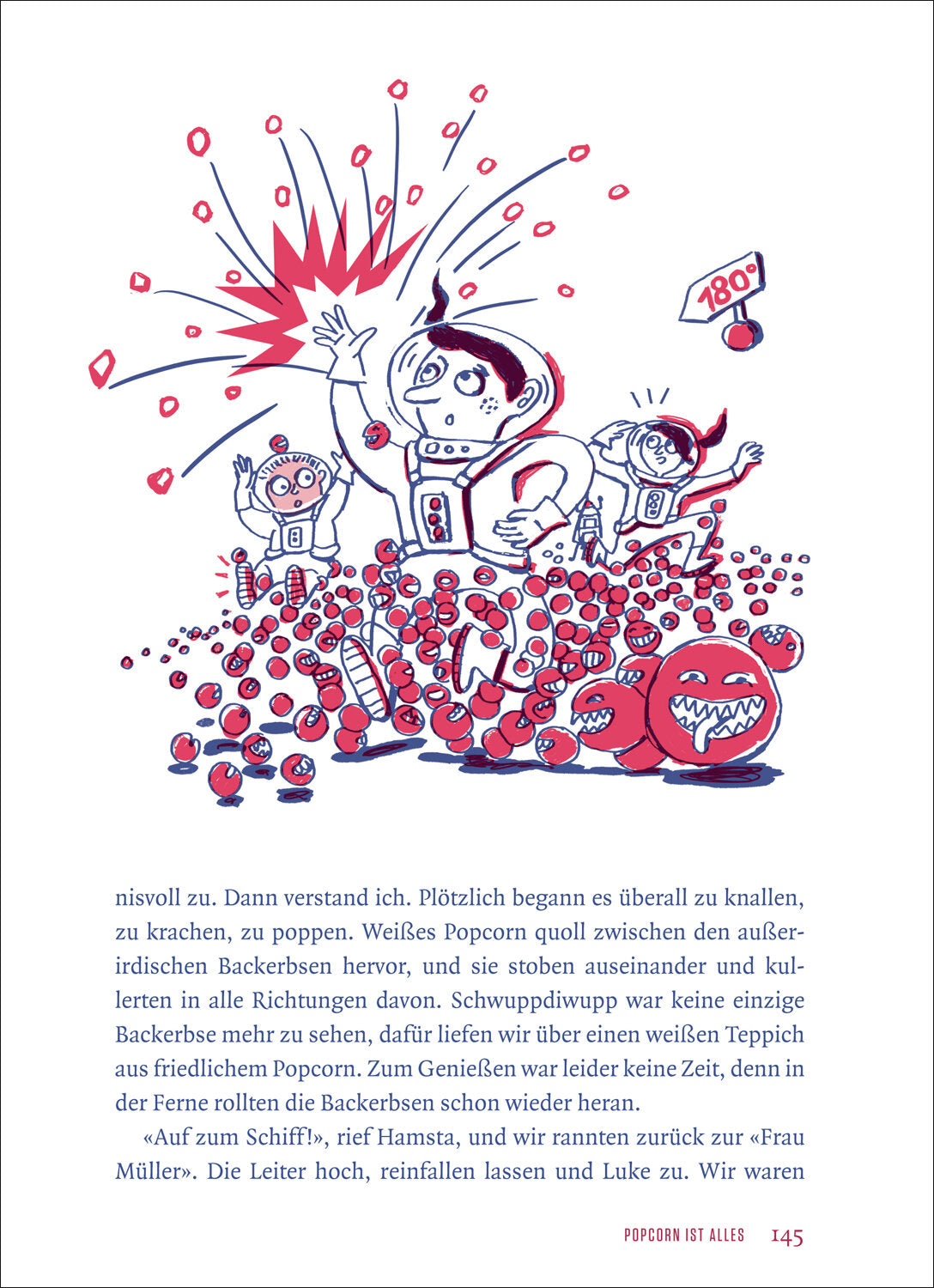 Illustration von drei Astronauten im All, umgeben von Popcorn, mit einem explodierenden Popcorn und einem 180°-Schild.