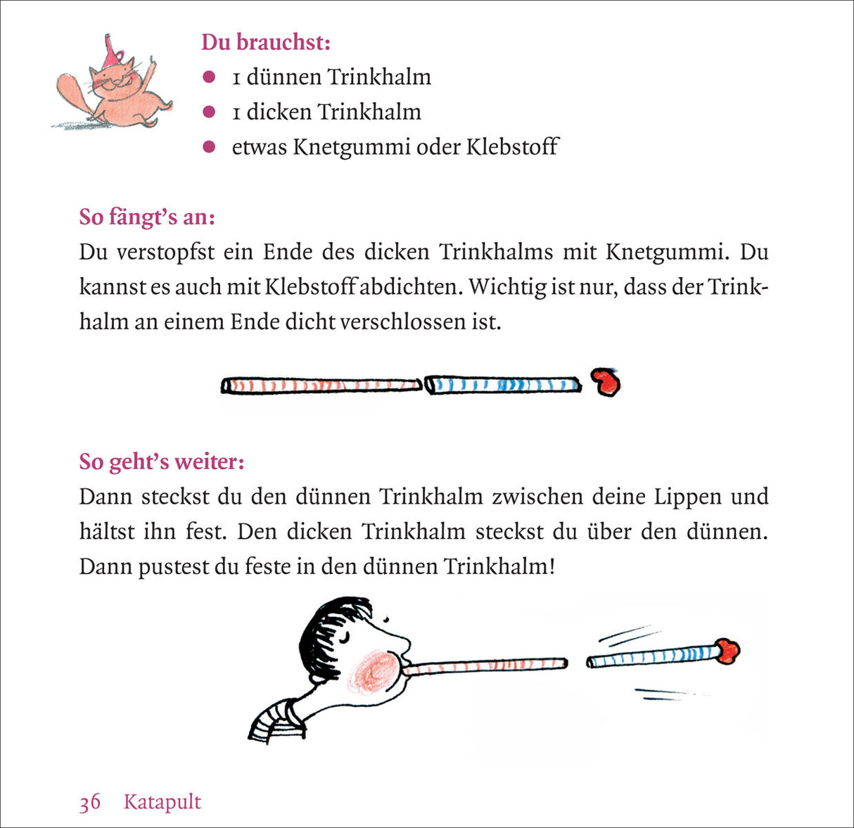 Anleitung zum Blasen eines Trinkhalms mit Bildern, Texten und einer Person, die einen Trinkhalm bläst.