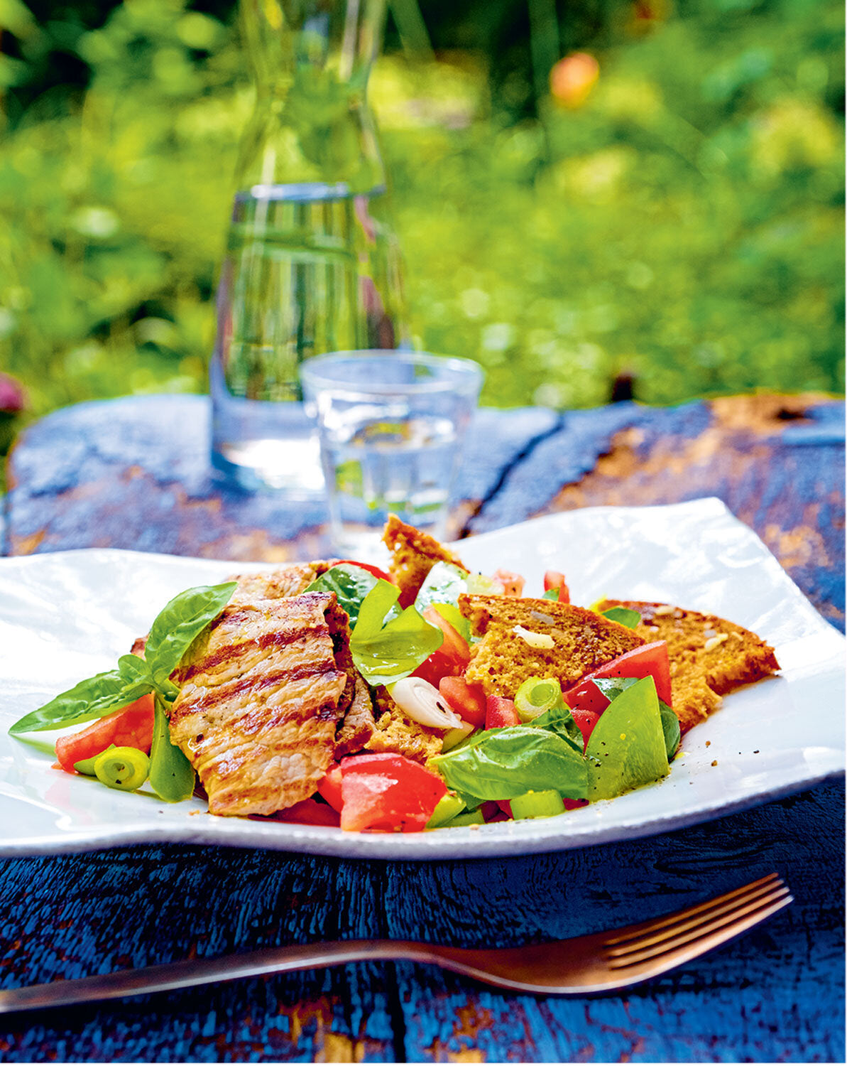 Bunter Teller mit gegrilltem Fleisch, Tomaten, Frühlingszwiebeln und Basilikum auf einem weißen Teller vor grünem Hintergrund.
