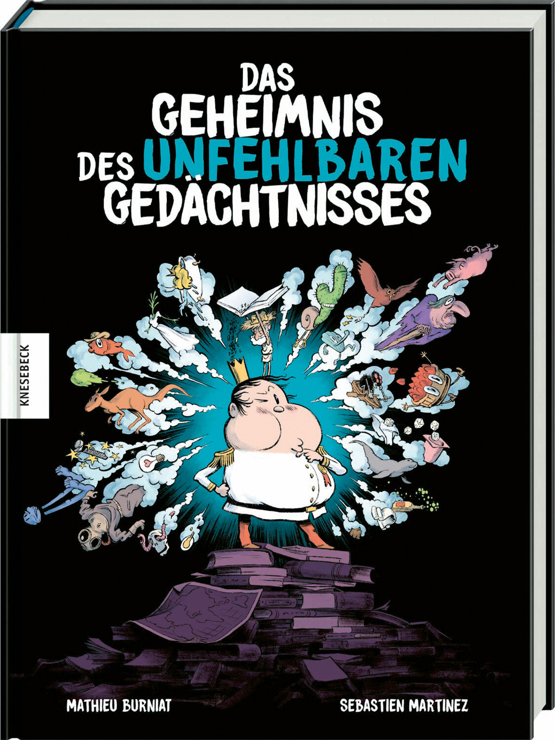 Cartoonfigur eines Mannes in Uniform steht auf Büchern, umgeben von Gedankenblasen mit Tieren, Gegenständen und Symbolen.