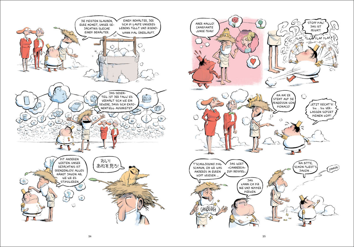 Zwei Comic-Seiten mit Figuren, die über Gedanken, Worte und Fantasien sprechen, inklusive Wellenschaum, Wellensittich