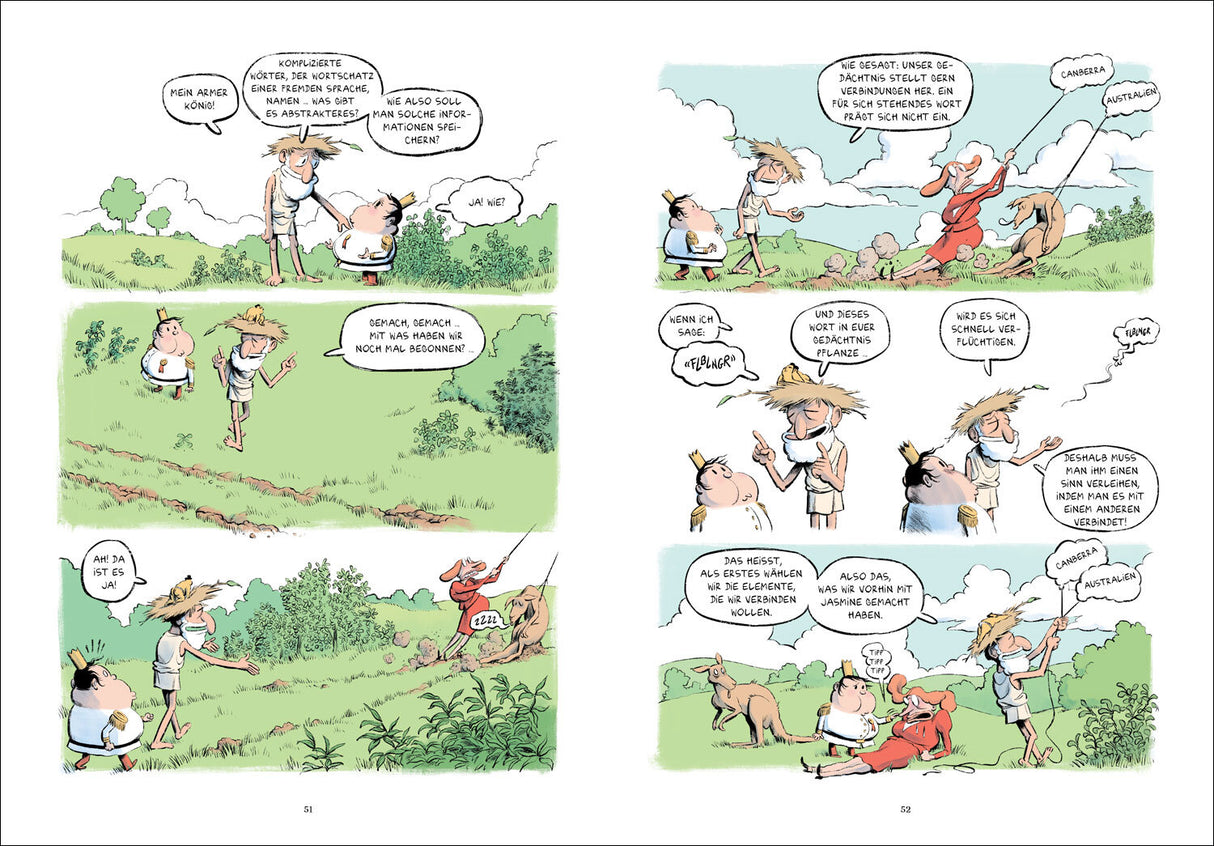 Zwei Kinder und ein Hund sitzen und stehen im Grünen, während ein Mann mit Strohhut und Maske erklärt