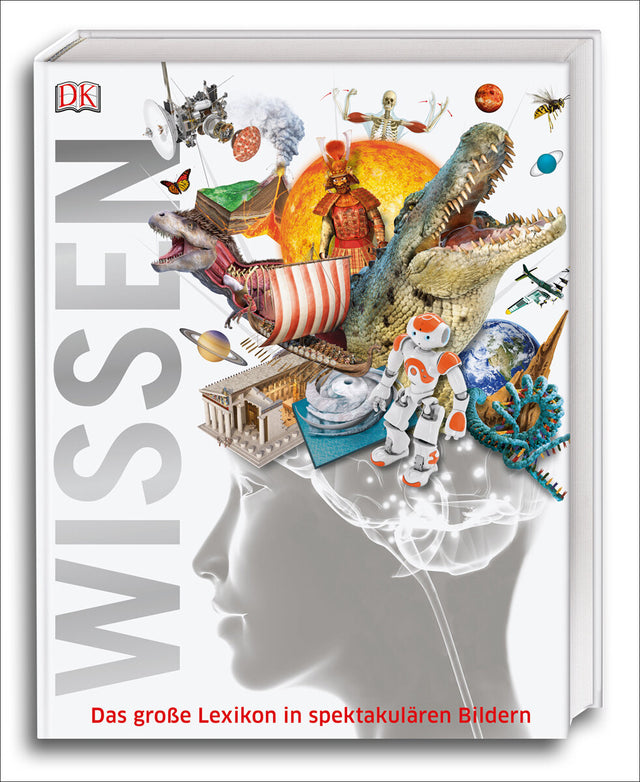 Cover eines Lexikons mit einer menschlichen Silhouette und einer bunten Collage aus Dinosaurier, Robotern, Planeten.