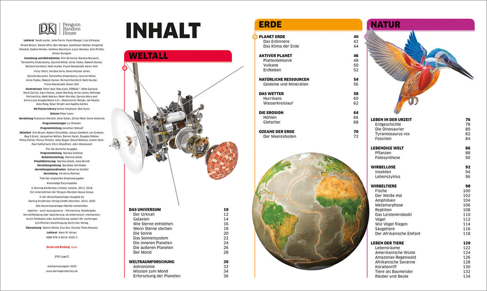 Illustration eines Satelliten neben Inhaltsverzeichnis mit Themen zu Erde, Natur, Tieren und Weltall.