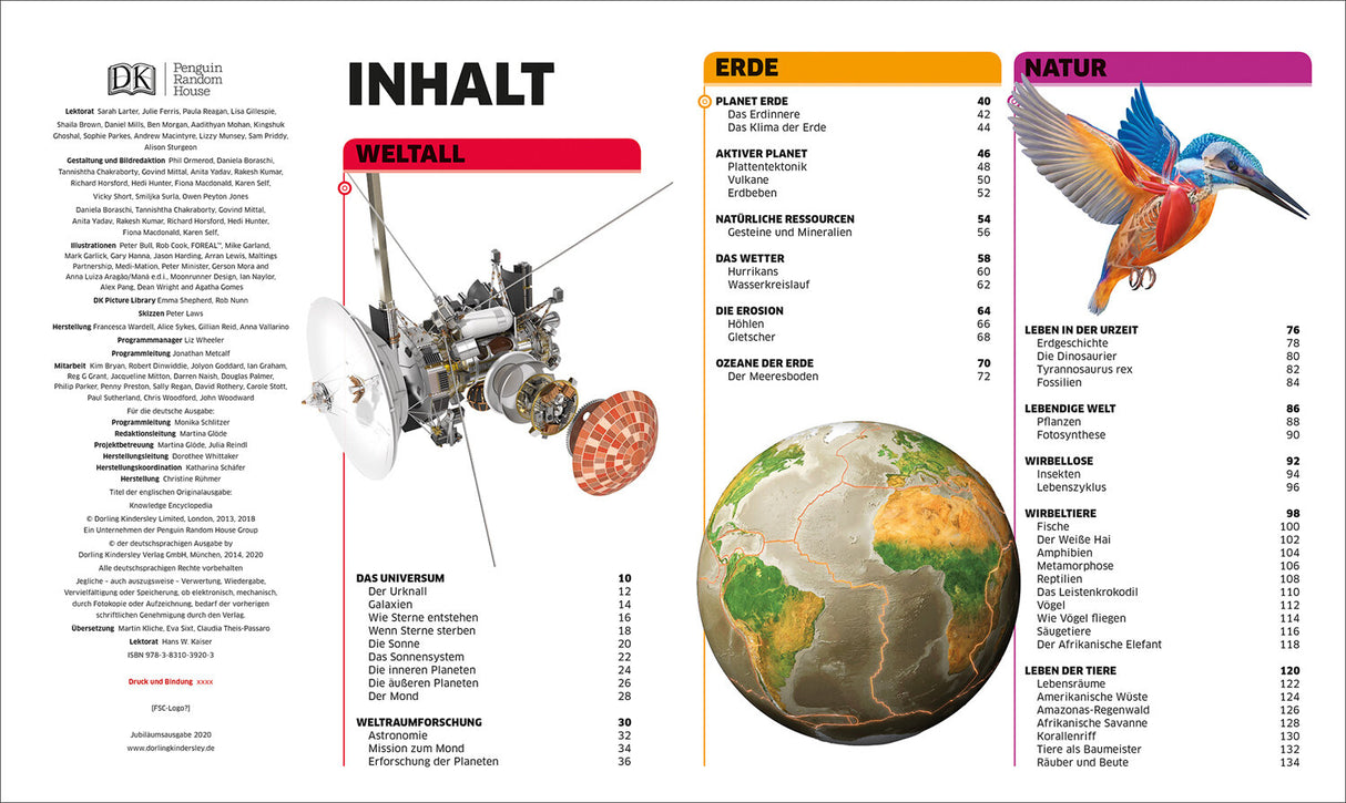 Illustration eines Satelliten neben Inhaltsverzeichnis mit Themen zu Erde, Natur, Tieren und Weltall.