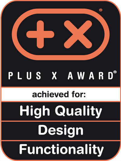 Plus X Award Logo mit Text: "achieved for: High Quality, Design, Functionality"