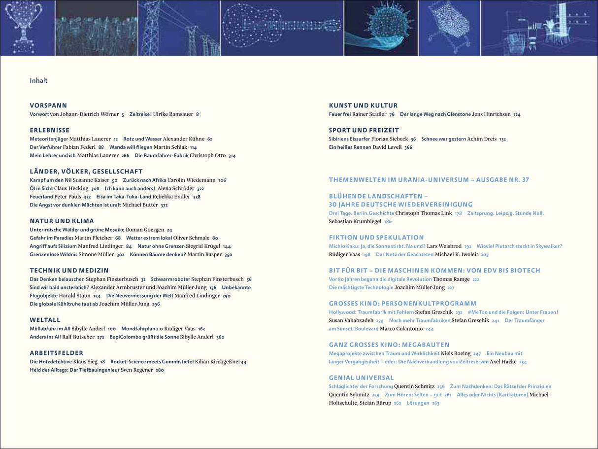 Seitenübersicht eines Magazins mit Inhaltsverzeichnis, thematisch gegliedert in Kategorien wie Erlebnisse, Natur, Technik und Kultur