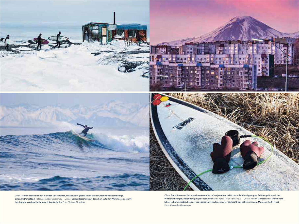 Vier Bilder: Schneelandschaft mit Hütten, Stadt mit Berg im Hintergrund, Surfer auf Wellen, Snowboard mit Handschuhen auf Schnee.