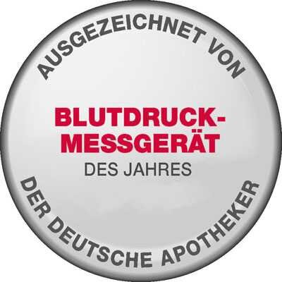 Runder Aufkleber mit schwarzem Rand, Text in Schwarz und Rot, Auszeichnung für das Blutdruckmessgerät des Jahres.