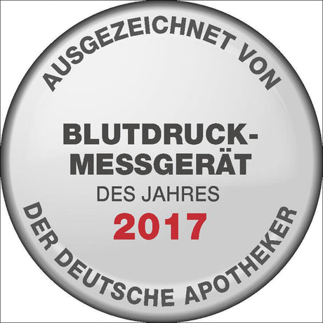Silberner runder Aufkleber mit schwarzem und rotem Text, Auszeichnung von 2017 als Blutdruckmessgerät des Jahres.