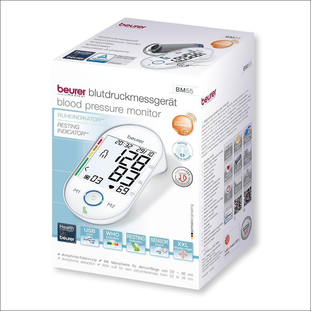 Verpackung eines Beurer Blutdruckmessgeräts mit digitalem Display, Arm cuff, und Produktinformationen.