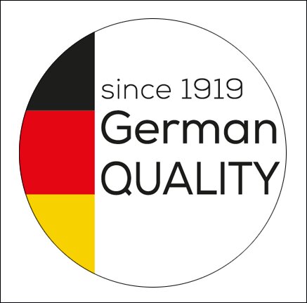 Kreis mit deutschem Flaggenfarben und Text: "since 1919 German QUALITY".