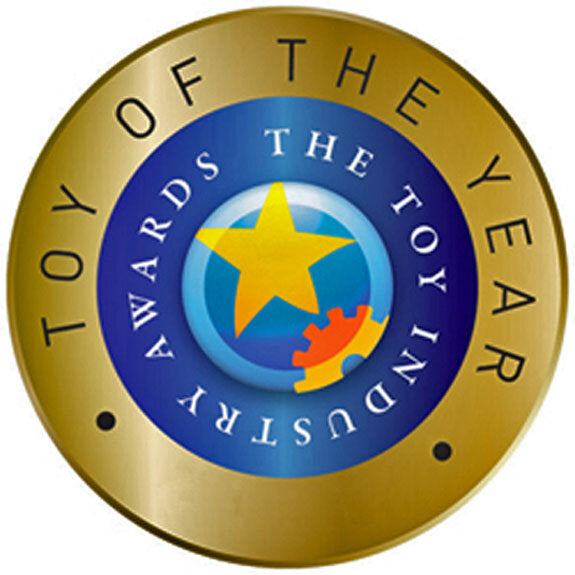 Goldener Kreis mit blauer Mitte, Stern, Zahnrad und Text "Awards the Toy Industry" und "Toy of the Year".