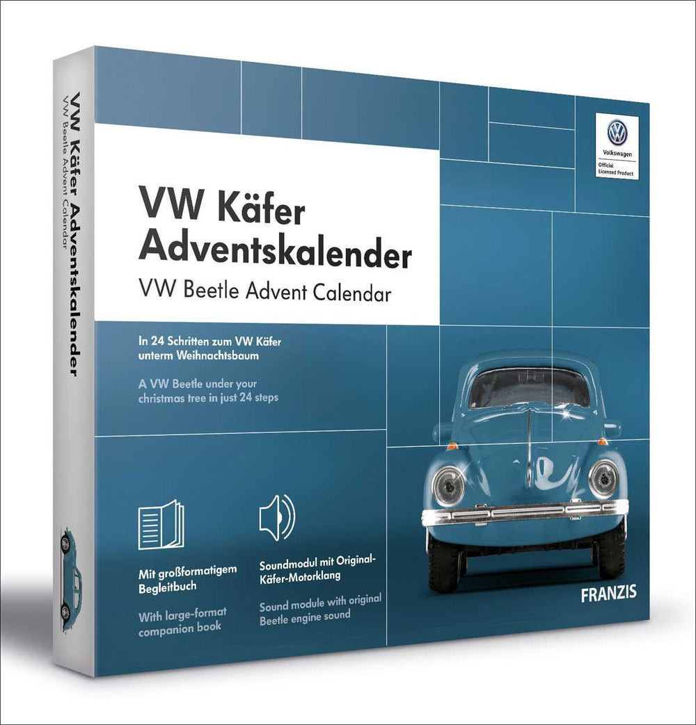 Buchcover eines VW Käfer Adventskalenders mit Bild eines blauen VW Käfers und Text in Deutsch und Englisch.