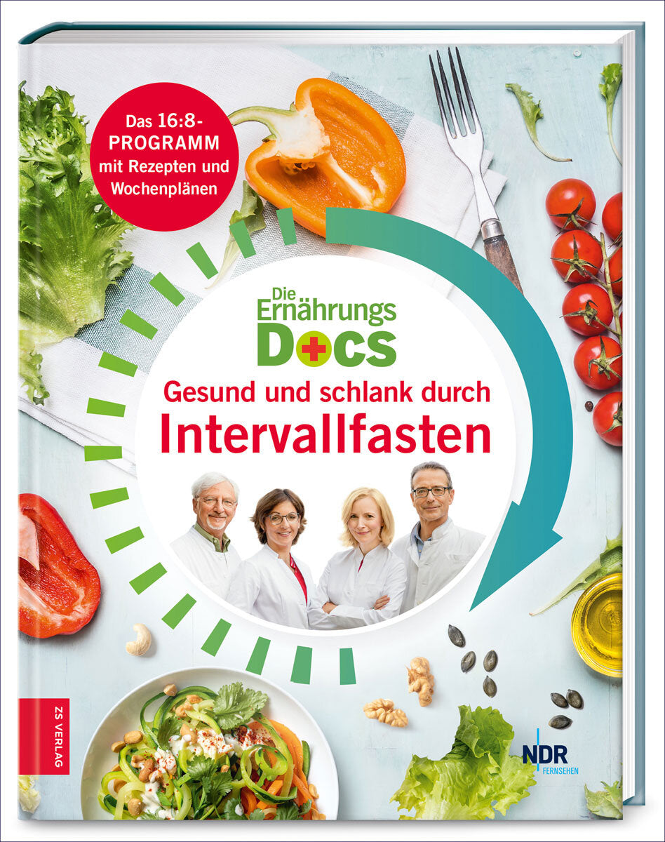 Buchcover mit Gemüse, einem Salat, einem Gabel, einem Messer, einem weißen Kreis mit Ärzten und Text zum Intervallfasten.