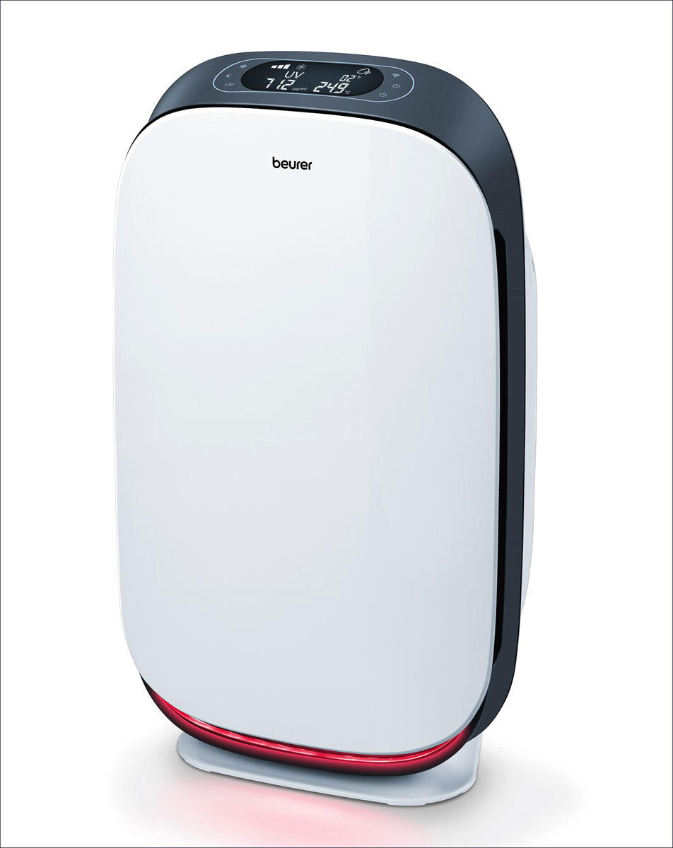 Luftreiniger mit digitaler Anzeige auf schwarzem Deckel, zeigt Luftqualität, Temperatur und Luftfeuchtigkeit.