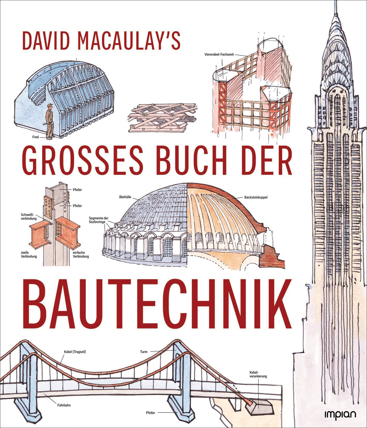 Titelbild mit technischen Zeichnungen und Skizzen von Gebäuden und Brücken, dazu Text: "Das große Buch der Bautechnik".
