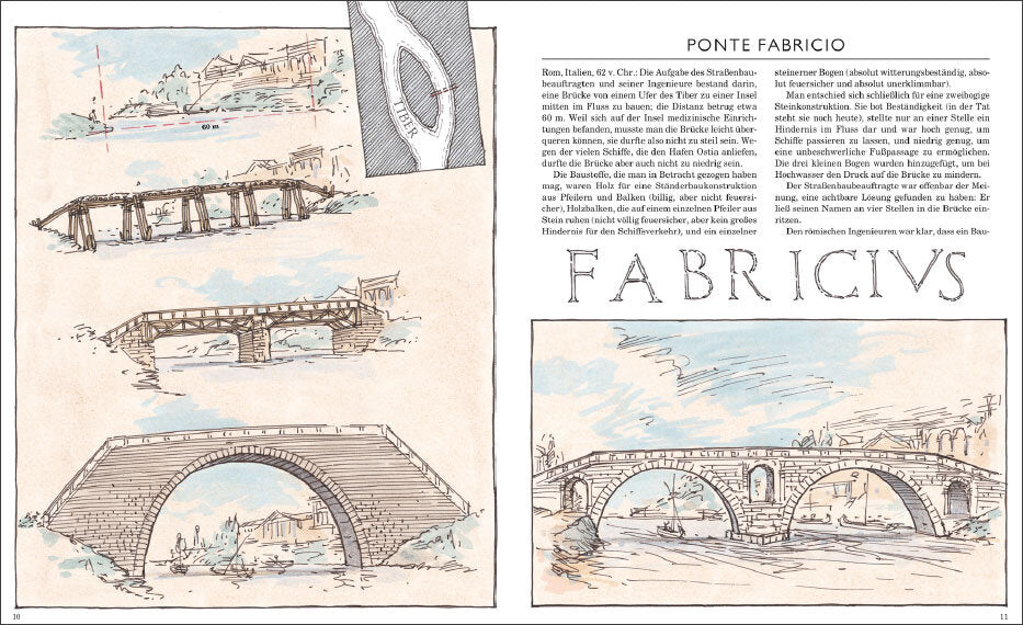 Skizzen verschiedener Brücken, darunter eine Steinbrücke mit Bogen, eine Holzbrücke und eine Brücke über Wasser.