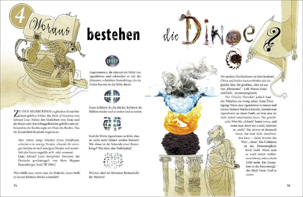 Illustration eines Feuerkessels mit Rauch, auf einem antiken Säulengestell, daneben eine sitzende Person in historischer Kleidung.