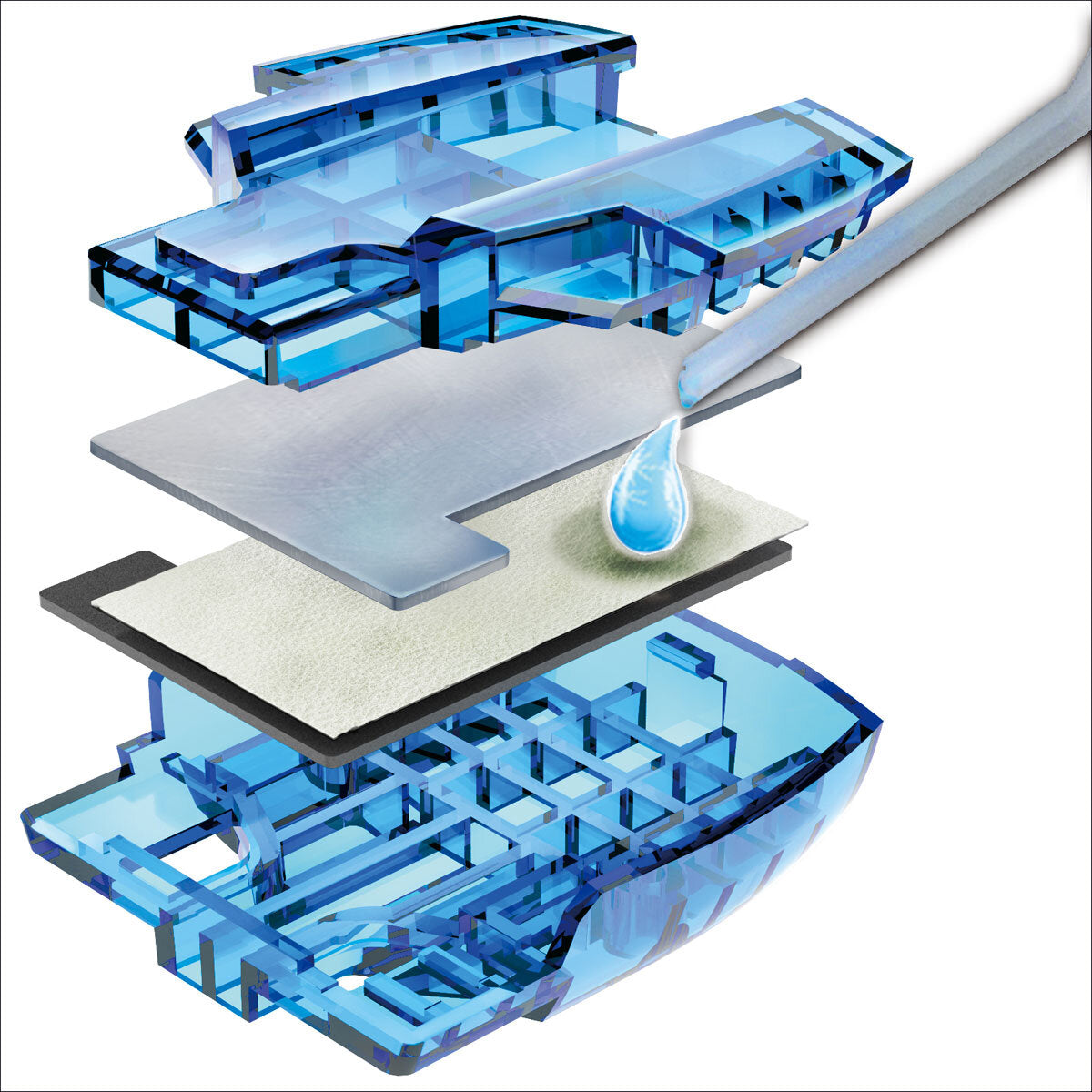 Schematische Darstellung eines Wasserfilters mit mehreren Schichten, Wassertröpfchen und Filterkomponenten.