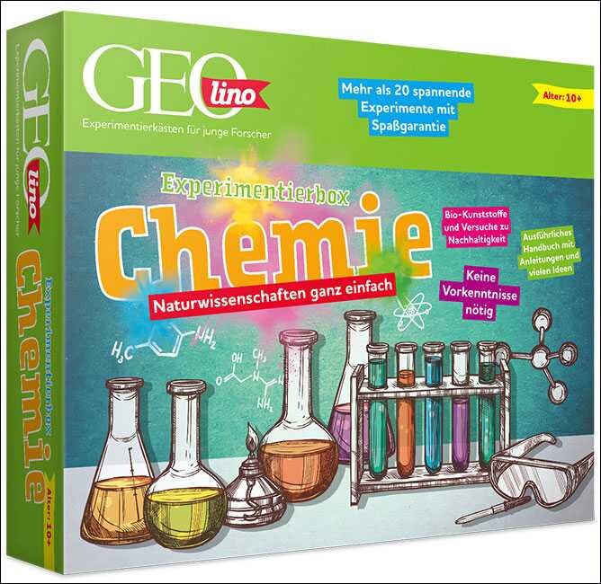 Experimentierbox Chemie mit Flaschen, Reagenzgläser, chemische Formeln, Schutzbrille, Text: "Naturwissenschaften ganz einfach".