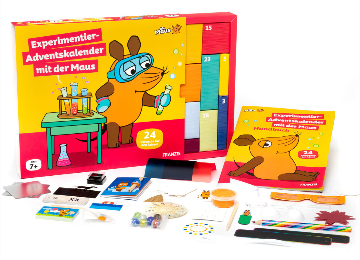 Buch, Spielzeug, Bastelmaterialien, Teststreifen, Stifte, Anleitungen und ein Adventskalender mit Maus.