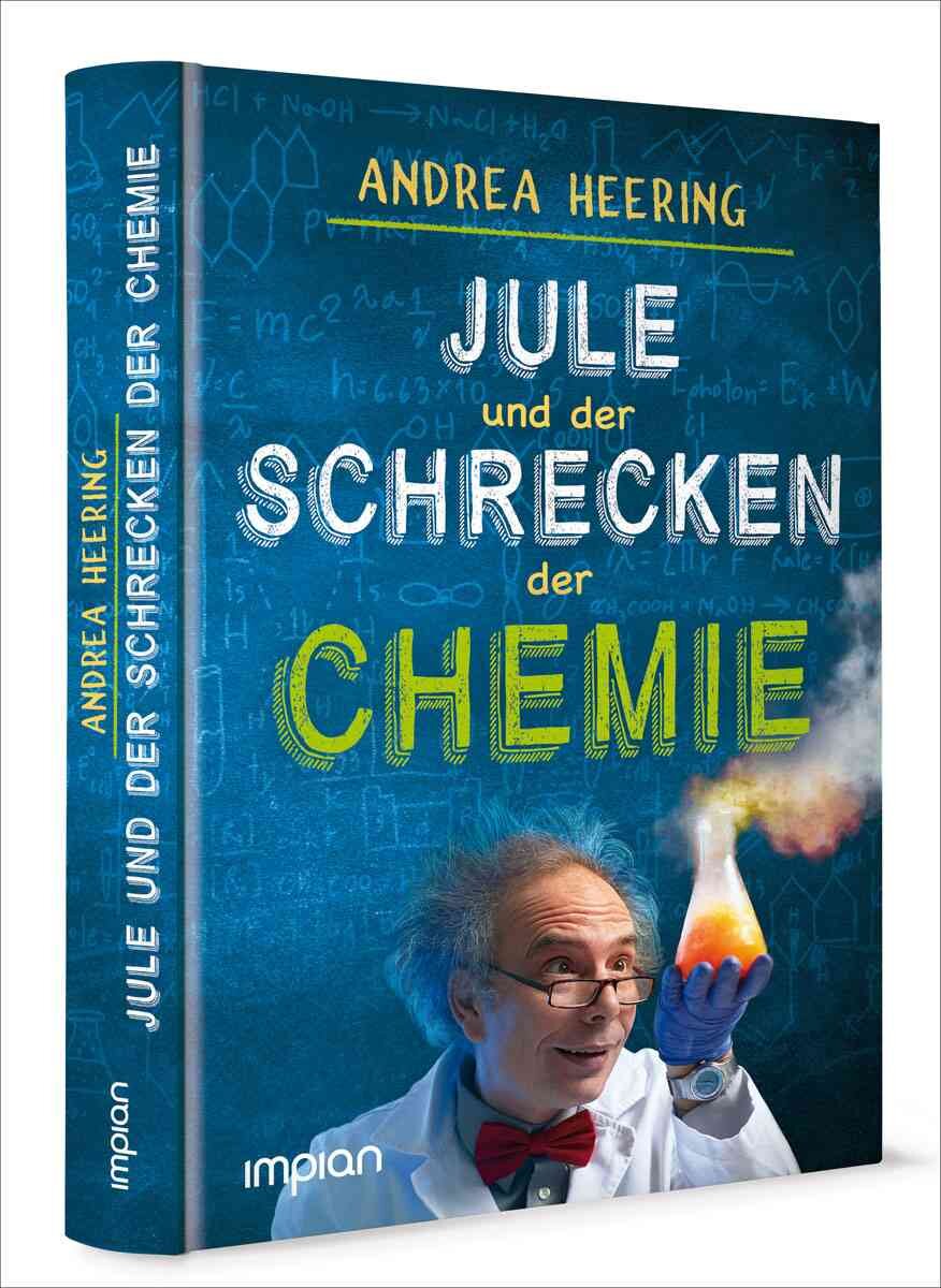 Buchcover mit Wissenschaftler in Brille, weißem Kittel, roter Fliege, hält eine leuchtende Chemieflasche