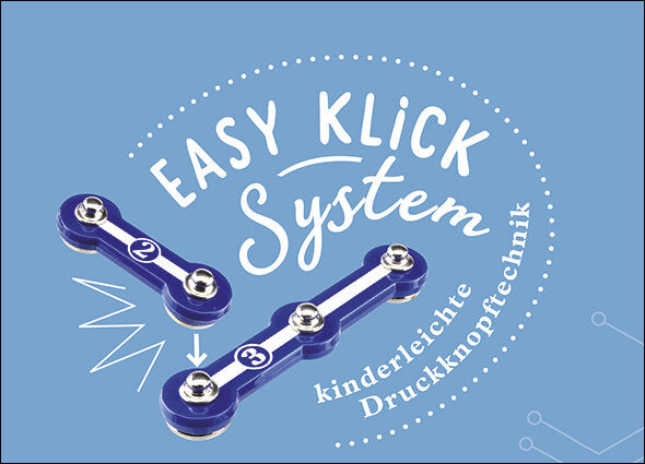 Grafik eines blauen Druckknopfsystems mit mehreren verbundenen Teilen, umgeben von Text und Linien.