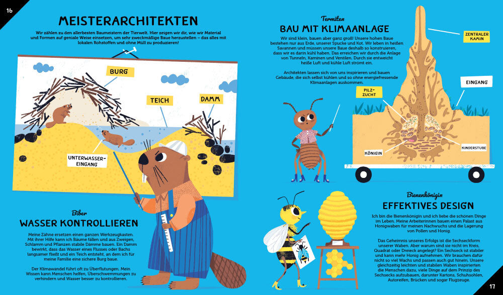 Illustration einer Biene mit Honigwabe, Bienenkönigin mit Text, Bau mit Klimaanlage, Architekt mit Zeichenstift.