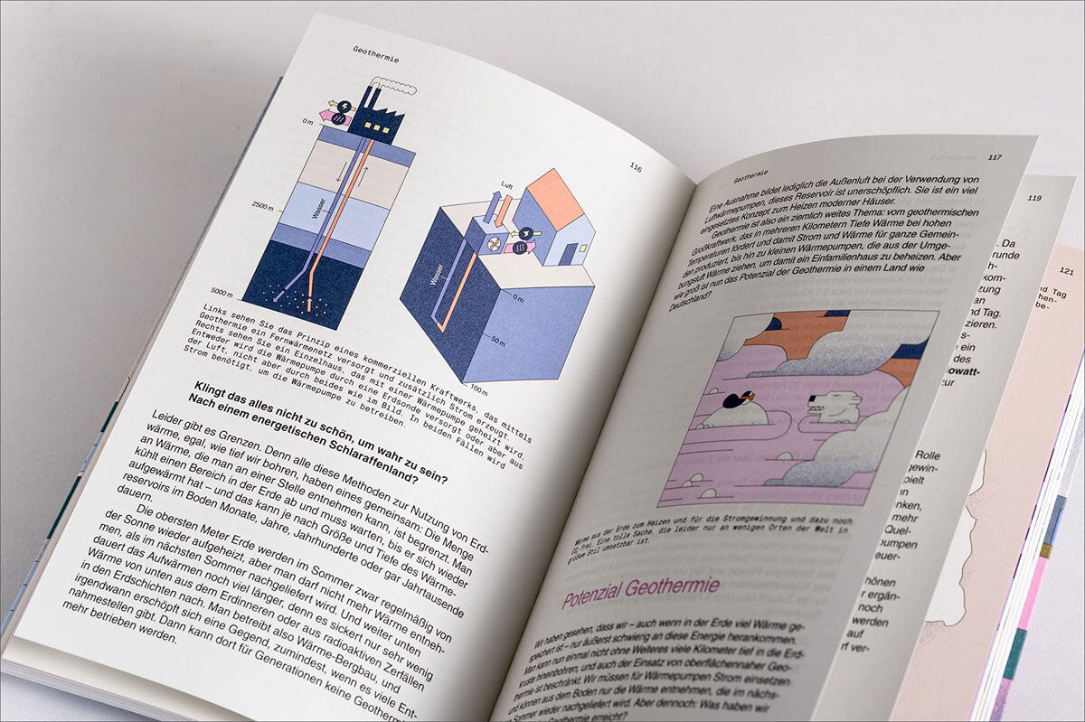 Offene Buchseite mit Diagrammen und Text über Geothermie, darunter eine Illustration eines geothermischen Systems.