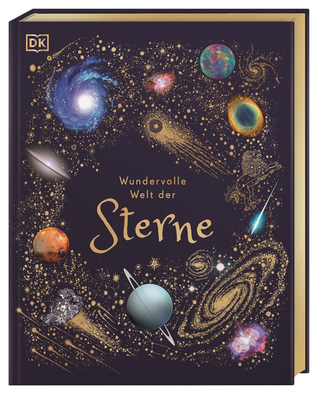 Buchcover mit goldenen Sternbildern, Planeten und Galaxien auf schwarzem Hintergrund, Titel: "Wundervolle Welt der Sterne".