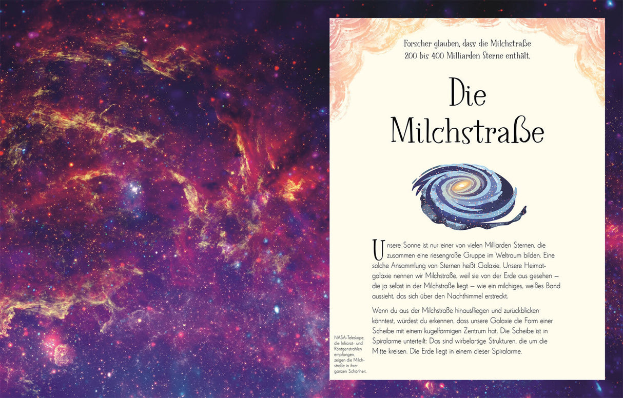Bild mit einer bunten, sternenreichen Galaxie auf der linken Seite und einer Infoseite über die Milchstraße auf der rechten Seite.