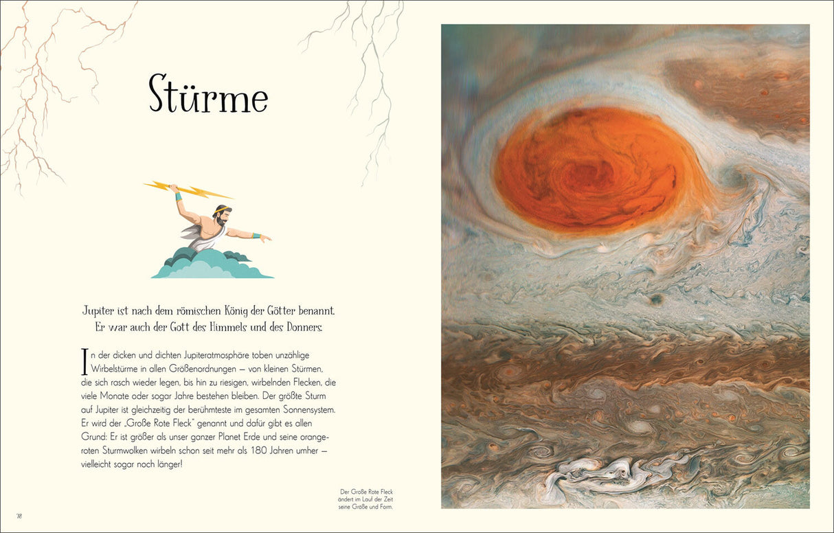 Seiten mit Text über Stürme und ein Bild des Jupiters mit seinem roten Fleck.