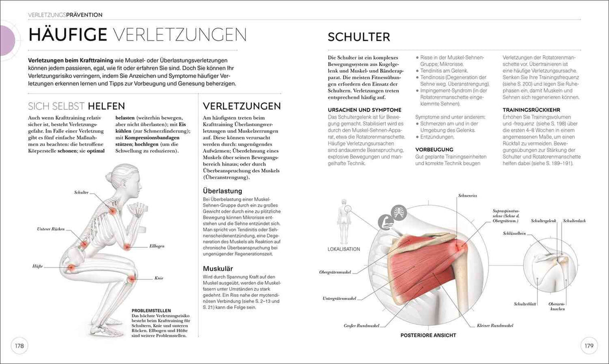 Illustration eines Menschen in Kniebeuge, markierte Gelenke und Muskeln, mit Text zu Verletzungen und Prävention.