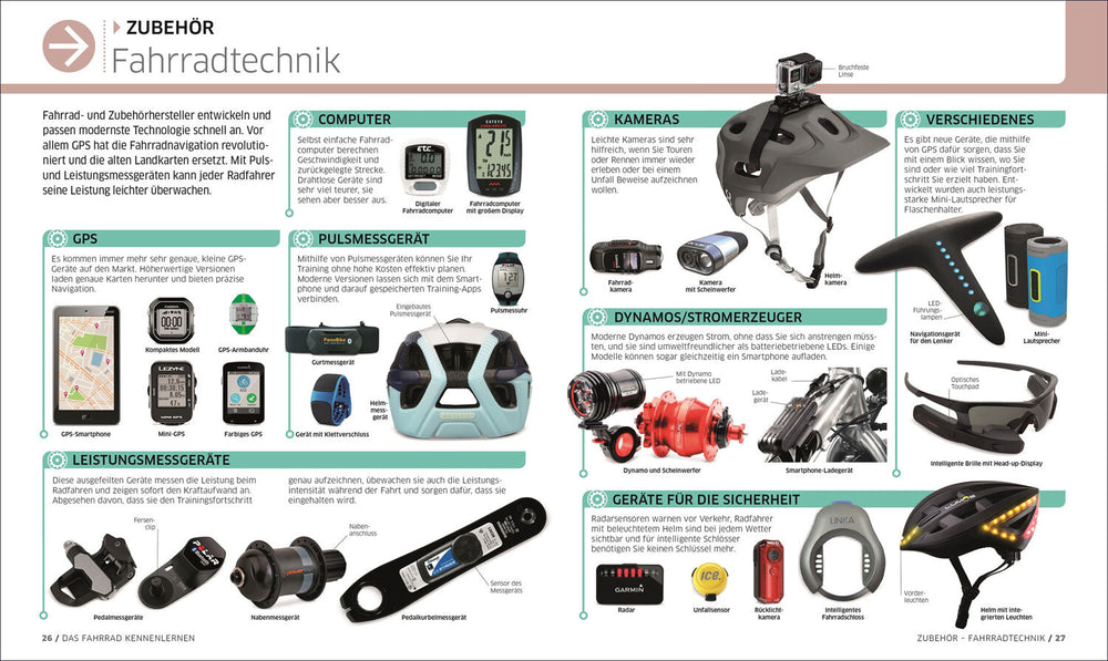 Übersicht über Fahrradtechnik-Zubehör, inklusive GPS, Computer, Kameras, Dynamo, Leistungsmessgeräte, Sicherheitsgeräte und mehr.
