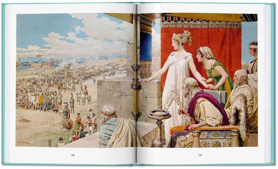 Bild zeigt eine antike Szene mit römischen Figuren auf einer Tribüne und einem Kampf im Amphitheater im Hintergrund.