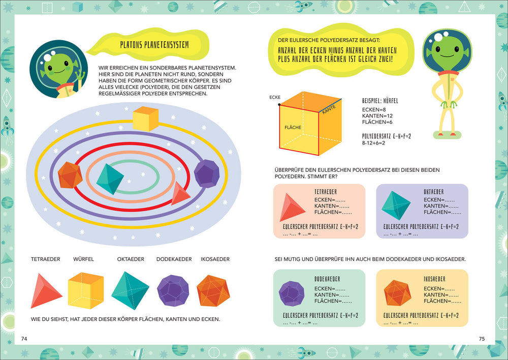 Illustration eines Planeten-Systems mit verschiedenen polyedrischen Körpern, Ecken, Kanten und Flächen.