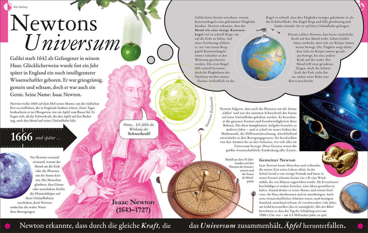 Illustration von Isaac Newton, umgeben von Text und Bildern zu Planeten, Apfel, Uhr und Erde, mit pinker Skizze seines Porträts.