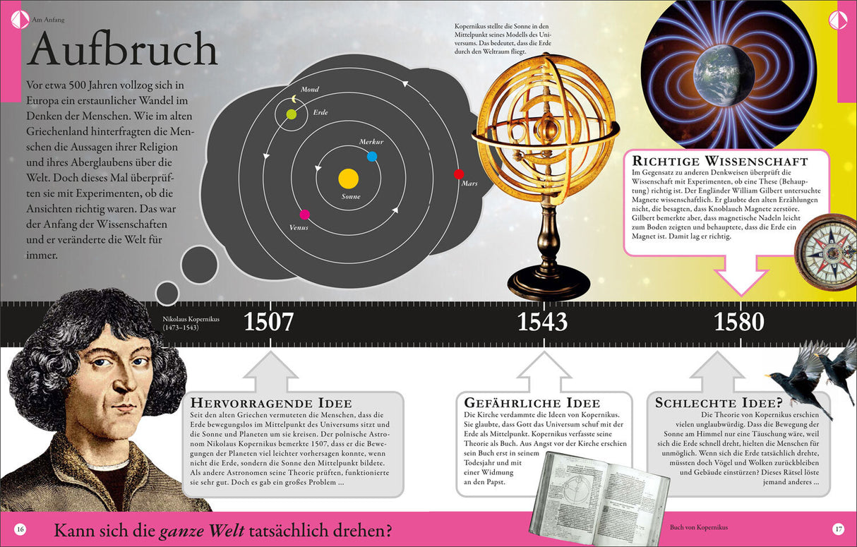 Historische Zeitleiste von 1507 bis 1580 mit Nikolaus Kopernikus, Planetenumlaufbahn, Modell der Erde und Sonne