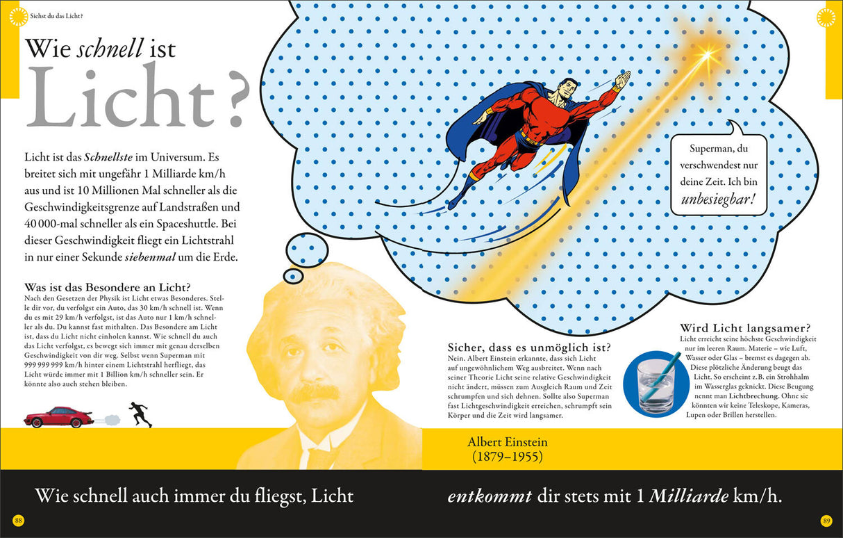 Superman fliegt im Comic-Stil, mit Sprechblase: "Superman, du verschwendest nur deine Zeit. Ich bin unbesiegbar!".