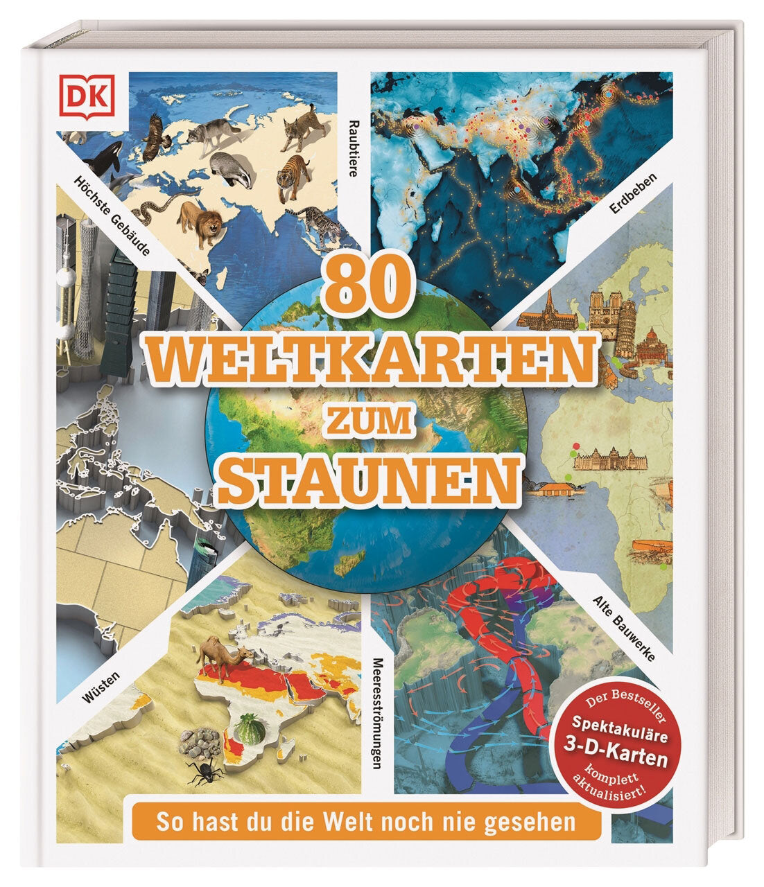 Buchcover mit Weltkarten zu Tieren, Erdkrusten, Wüsten, alten Bauwerken, Meeresströmungen und Erdbeben