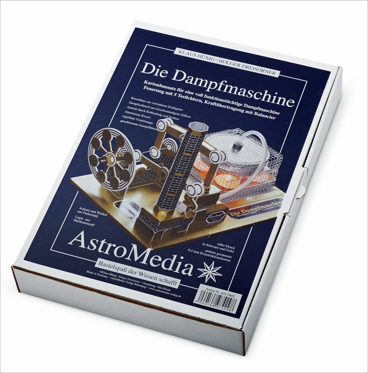 Bauanleitung für eine Dampfmaschine mit Modell, auf blauem Hintergrund, mit Text und Logo.