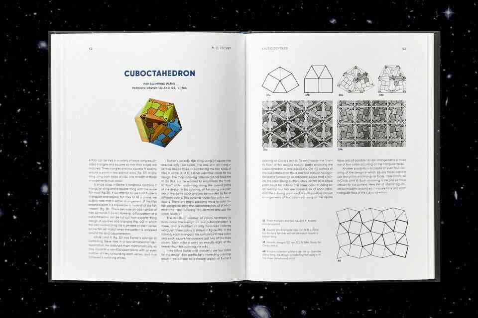 Offenes Buch mit Text und Diagrammen über den Cuboctahedron, auf schwarzem, sternenähnlichem Hintergrund.