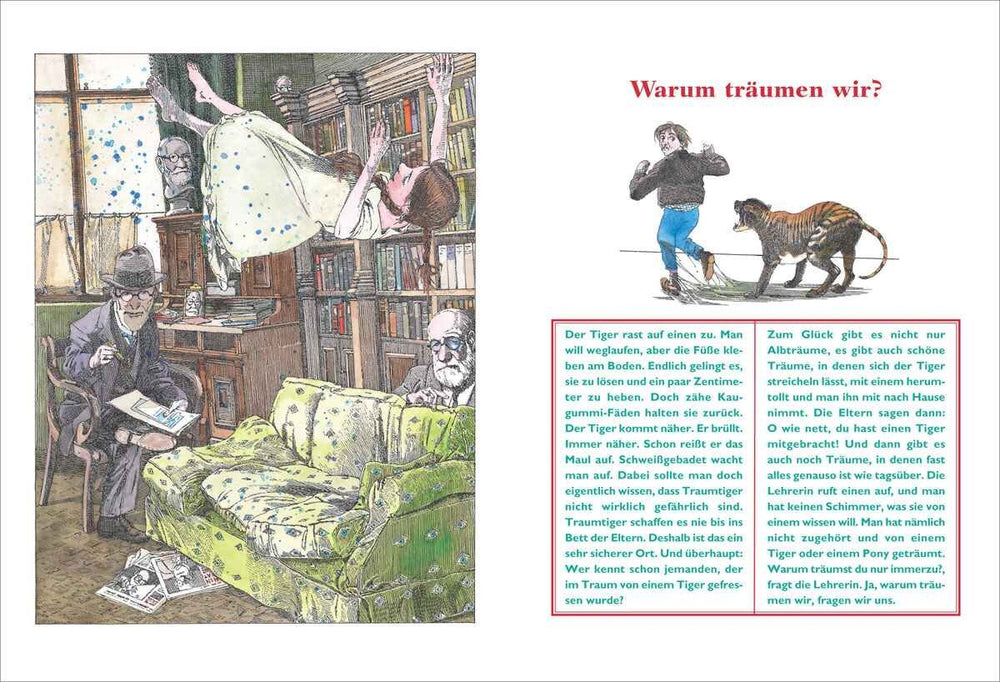 Illustration eines Raumes mit Büchern, einem grünen Sofa, zwei Männern, einem Mädchen, einem Hund und einem Fenster.