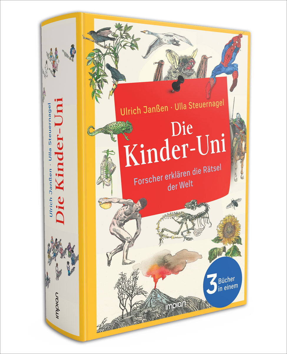 Buchcover mit bunten Illustrationen von Tieren, Menschen und Natur, Titel "Die Kinder-Uni" und Autorenname.