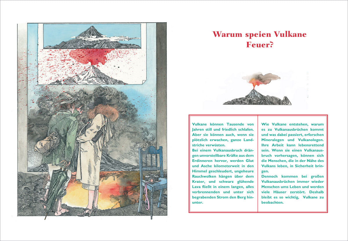 Zwei Frauen schauen auf einen ausbrechenden Vulkan mit Lava und Rauch, daneben ein Stuhl und eine Kamera.